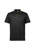 A black short sleeve polo shirt with yellow collar and button detailing, featuring a logo.