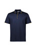 Navy blue short sleeve polo shirt with yellow accents and a logo on the chest.