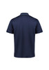 A navy blue men's short sleeve polo shirt with a subtle trim and a logo on the back.