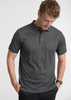 A grey men's short sleeve polo shirt with a classic collar and a logo on the sleeve.