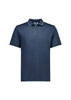 A navy blue men's short sleeve polo shirt featuring a collar with contrast trim and a logo on the chest.