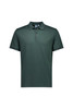 A green short sleeve polo shirt featuring a classic collar and three buttons, with a logo on the chest.
