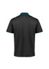 A black short sleeve polo shirt featuring contrasting blue trim and a logo.