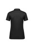 A women's short sleeve polo shirt in black, featuring a collar and rolled sleeves, with a logo on the back.