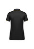 A women's short sleeve polo shirt in black with yellow trim and a logo on the back.