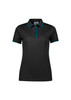 A women's short sleeve polo shirt in black with teal accents and a branded logo on the chest.