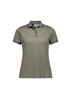 A women's short sleeve polo shirt in olive green with contrasting trim and a logo.