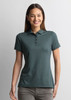 A women's short sleeve polo shirt in deep green, featuring a buttoned placket and fitted design. It has a logo.