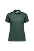 A women's short sleeve polo shirt in dark green with a collar and button placket, featuring a logo.