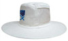 A white canvas hat with vents and a wide brim, featuring a logo on the front.