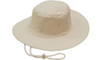 A beige canvas hat with a wide brim and adjustable string. Features eyelet ventilation and includes a logo.