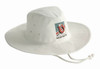A white Poly Cotton Slouch Hat featuring a logo on the front and a chin strap for added security.