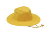 A yellow poly cotton slouch hat with a wide brim and a chin strap for secure wear.