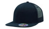 A black premium American twill cap with a mesh back and snap back pro styling, featuring a circular logo.