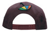 A maroon cap featuring a multicoloured umbrella embroidery on the back and a snapback closure.