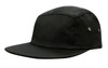 A black cotton twill cap with a square front and metal eyelets on the sides. It features a logo.