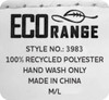 A white label displaying care instructions for a recycled polyester product with an eco-friendly branding logo.