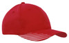 A red cap featuring breathable poly twill fabric and a peak with flash print. Includes a logo on the side.
