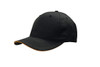 A black cap with a sandwich visor design and a logo on the front. Suitable for headwear.