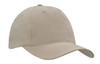 A beige breathable poly twill cap with a curved brim and six-panel structure. Features a logo on the front.