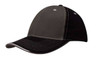 A two-tone cap featuring contrasting stitching, primarily in grey and black, with an open lip sandwich design and a logo.
