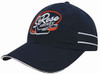 A navy microfibre sports cap featuring white piping and embroidery with a logo.