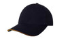 A black cap with sandwich trim, featuring a curved brim and a logo on the front.