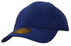 A navy blue cap made from brushed heavy cotton and spandex, featuring a logo on the side.