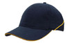 A navy blue cap featuring crown piping and a sandwich peak, with a logo on the front.