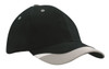 A cap in black with a light grey peak insert and printed trim, featuring a logo.