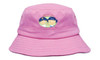 A pink bucket hat featuring a logo with cartoon characters on the front and a wide brim for sun protection.