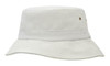 A white bucket hat made from brushed sports twill, featuring a branded logo on the side.