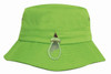 A bright green bucket hat featuring a drawstring and a logo. Ideal for outdoor activities and protection from the sun.