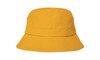 A yellow infants bucket hat with a wide brim and a simple design. It features a logo.