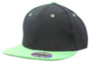A cap featuring a dark grey body and a bright green brim, with a logo on the front.