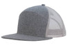 A grey twill A-frame cap with a mesh back and a flat brim. Features a logo on the front.