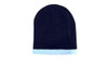 A two-tone acrylic beanie in navy with a light blue rolled cuff. It features a logo on one side.