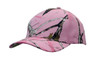 A pink camouflage 6-panel cap with a logo, featuring branches and natural tones throughout.