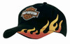 A black cap featuring flame embroidery in orange and yellow, with a logo on the front.