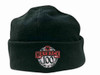 A black micro fleece beanie with a logo featuring the text "Wayback 100" on the front.