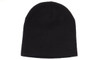 A black rolled down acrylic beanie with a smooth, minimalist design and a small logo on the side.
