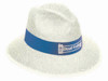 A straw hat in off-white with a blue band, featuring a branding logo on the band.