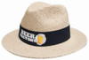 A natural straw hat with a black band and a logo. The hat has a wide brim and a classic style.