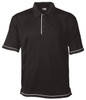 A black polo shirt with contrasting white trim and a logo on the collar, featuring a three-button placket.