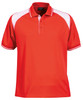 A red polo shirt with white accents and a collar, featuring a logo on the chest area.