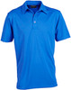 A blue polo shirt with a collared neckline and a single button placket. It features a logo on the chest.