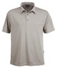 A light grey polo shirt features a collared neckline, three-button placket, and a logo on the side.