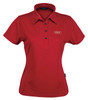 A red ladies' polo shirt featuring a collar, buttons, and a logo on the front.