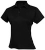 A black ladies' polo shirt featuring a collar, short sleeves, and a logo on the chest.
