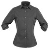 A dark grey button-up shirt with 3/4 sleeves and a fitted design. It features a collar and a logo.